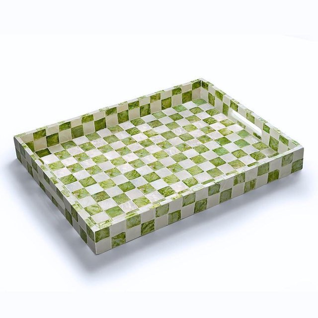 CHI AN HOME 15.8" x 11.8" Decorative Rectangular Tray with Natural Capiz Shells, Checkered Tray with Handles, Serving Tray for Ottoman, Coffee Table, Kitchen Counter Home Decor (Pistachio Green)