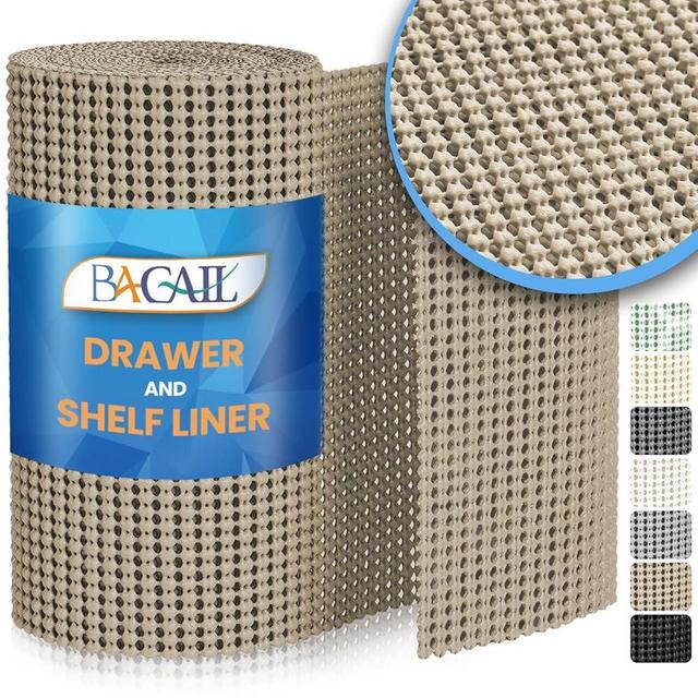 BAGAIL Drawer and Shelf Liner, 12 in X 10 Ft Non-Adhesive Shelf Liners for Kitchen Cabinets, Thick Strong Grip Liners for Desk, Shelves, Bathroom Drawers, Cabinet Protection - Beige