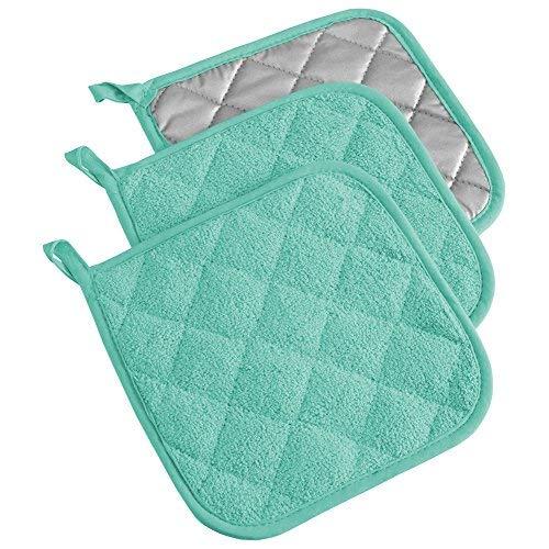 DII 100% Cotton, Terry Pot Holder Set Machine Washable, Heat Resistant, 7 x 7, Aqua, 3 Piece