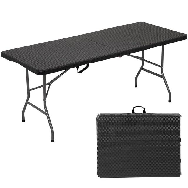 FDW 6 Foot Outdoor Dining Table, Foldable Portable Rectangular Plastic Folding Table with Built in Carrying Handle for Party and Wedding Use, Black Ratten