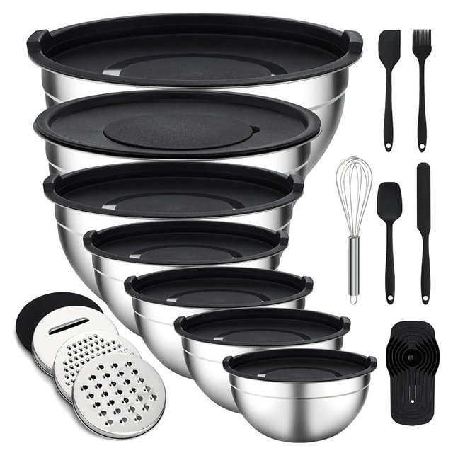 Unokit Mixing Bowls with Lids Set - 7 Pcs Stainless Steel Mixing Bowls with 3 Grater Attachments, Mixing Bowl Set