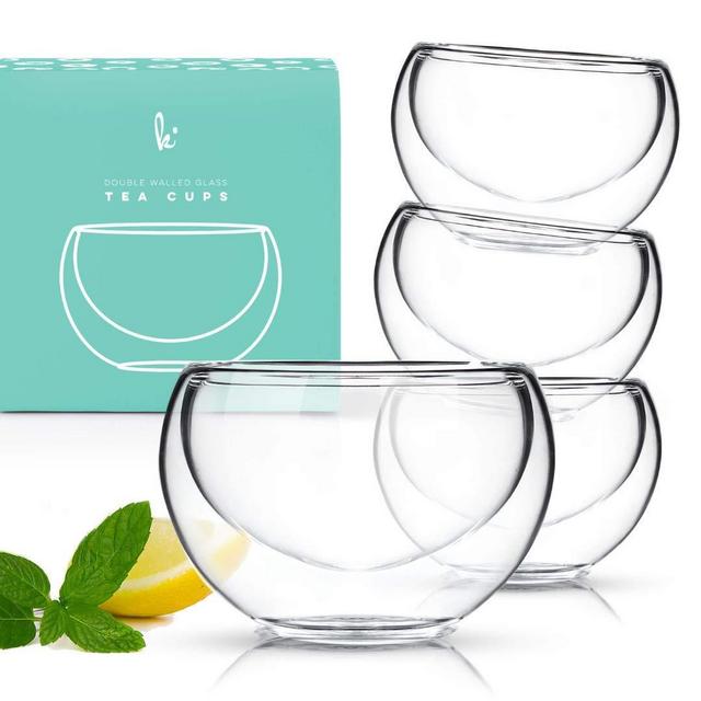 Tea Cup Set of 4 - Modern Double Wall Glass Insulated Teacups Best Paired with your Teapot or Coffee (2.5 oz)