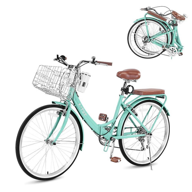 24/26 Inch Beach Cruiser Bike for Women Folding Bikes, 7-Speed Womens Bike with Basket and Coffee Cup, Womens Foldable Bicycle Commuter Bikes for Adults, Adjustable Seat & Dual V-Type Brakes