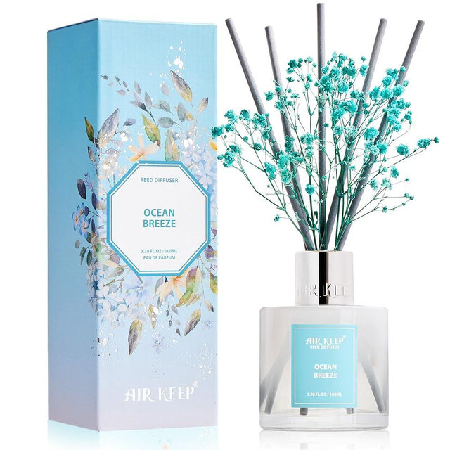 Airkeep Reed Diffuser Set,3.38 fl oz (100 ml) - Ocean Breeze Oil Diffusers with 8 Reed Sticks, Home Fragrance Reed Diffuser for Bathroom Shelf Decor