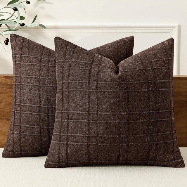 MIULEE Decorative Linen Check Throw Pillow Covers Neutral Farmhouse Vintage Pillow Covers 20x20 Set of 2 Boho Modern Winter Home Decor for Sofa Couch Bedroom Cushion Dark Brown
