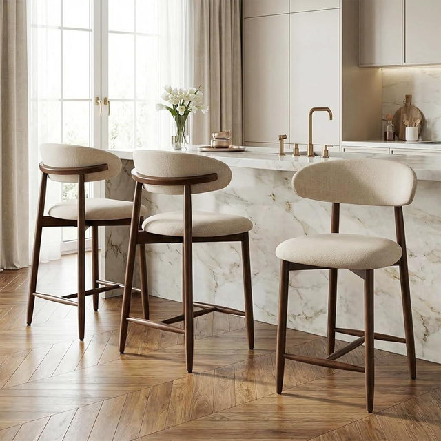 Homixis Bar Stools Set of 3, 25.6″ Counter Height Bar Stools with Wood Legs, Upholstered Modern Kitchen Barstools for Kitchen Island Dining Room Bar, Beige