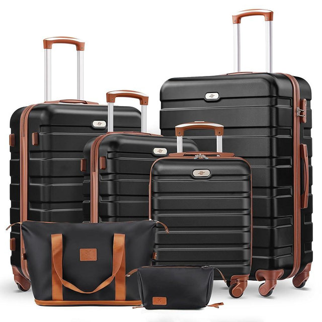 Suitour 6 Piece Luggage Sets, 16, 20, 24, 28 inch Hardside Carry-on and Checked Suitcase Set with Expandable Travel Duffle Bag Sets(Black Tan)