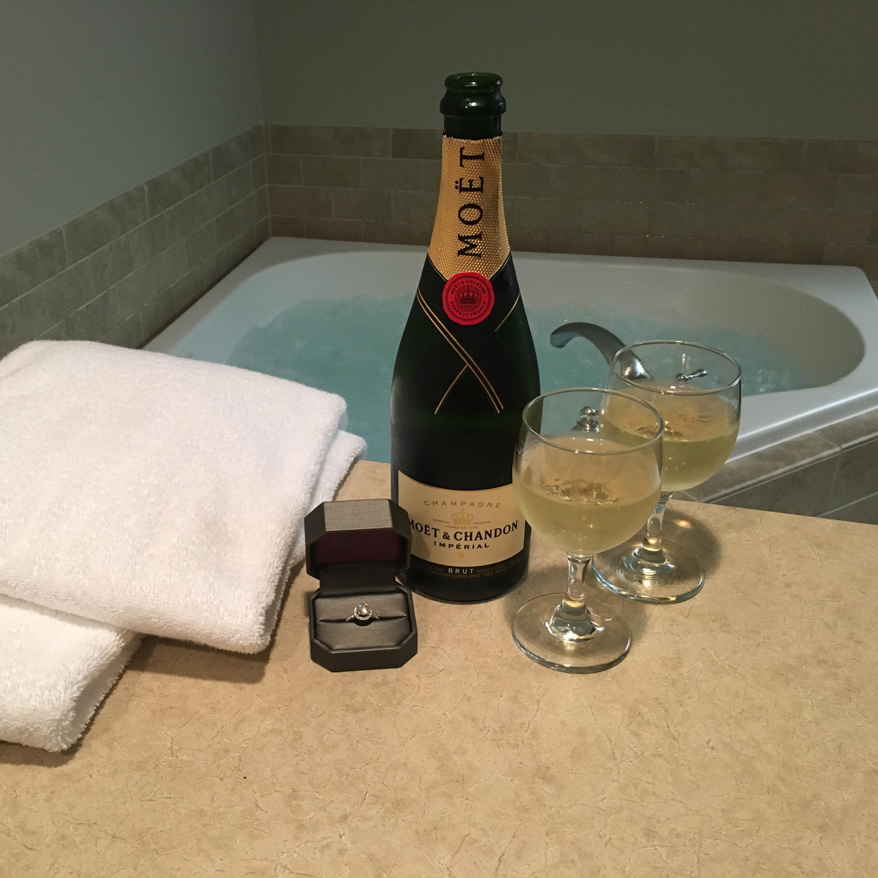 Celebrating our engagement with some bubbles