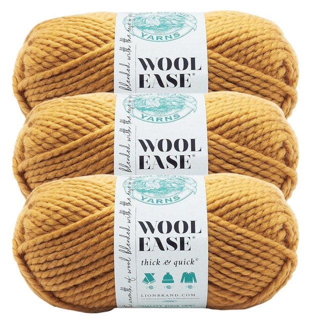 Lion Brand Yarn Wool-Ease Thick & Quick Yarn, Soft and Bulky Yarn for Knitting, Crocheting, and Crafting, 3 Pack, Mustard