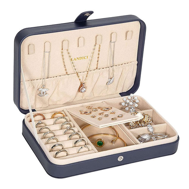LANDICI Small Jewelry Box for Women Girls, PU Leather Travel Jewelry Organizer Case, Portable Jewellery Storage Holder Display for Ring Earrings Necklace Bracelet Bangle Watch Men Kids Gift, Dark Blue