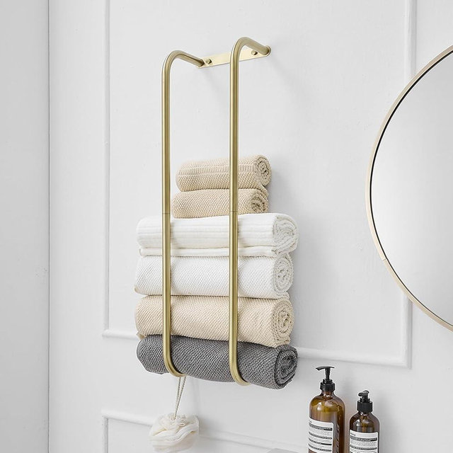 BWE Brushed Gold Towel Racks for Bathroom Towel Rack for Rolled Towels Wall Mounted Bathroom Organizer Stainless Steel Bathroom Accessories with 2 Hooks