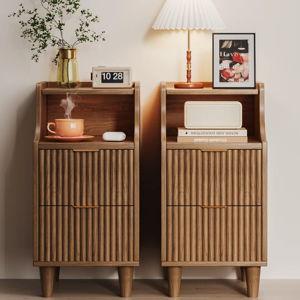 11.8" Fluted Nightstand & Narrow Bedside Table With 2 Drawers Set Of 2 (Set of 2) - Walnut