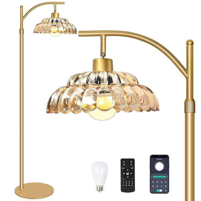 Gold Floor Lamp for Living Room,Bedroom, Dimmable Standing Lamp with Remote,Mid Century Modern Floor Lamp, Amber Glass Shape Tall Lamp with 12W Smart LED Bulb