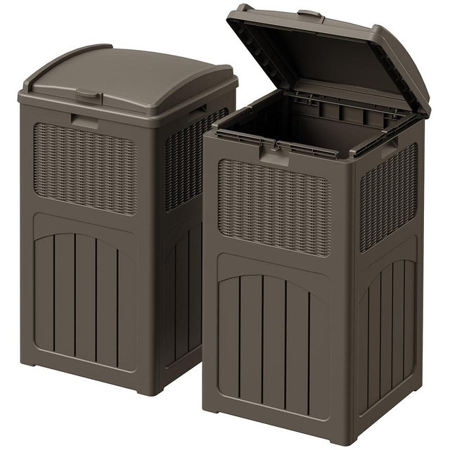 Devoko 33 Gallon Outdoor Trash Can with Dual Lid, Heavy Duty Waterproof Resin Garbage Bins Outside, Hideaway Waste Bins for Patio, Outside Pool, Backyard and Deck (2, Deep Brown)