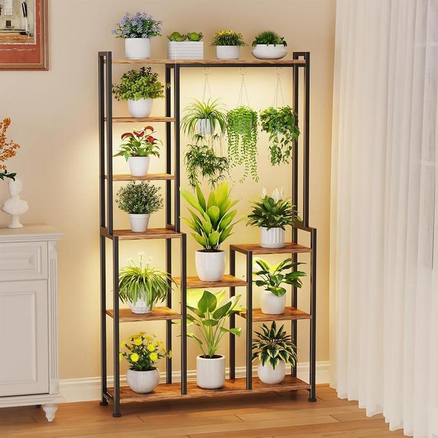 CYXPHION C2 Plant Stand Indoor with Grow Lights, Indoor Tiered Metal Plant Stand 70.87" Tall Plant Shelf with Hooks for Hanging, Plant Holder Display Shelves for Patio, Garden, Outdoor