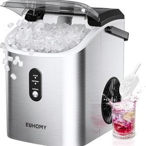 EUHOMY Nugget Ice Maker Countertop with Handle, Ready in 6 Mins, 34lbs Per Day, Removable Top Cover, Auto-Cleaning, Portable Sonic Ice Maker with Basket and Scoop, for Home/Party/RV/Camping (Silver)