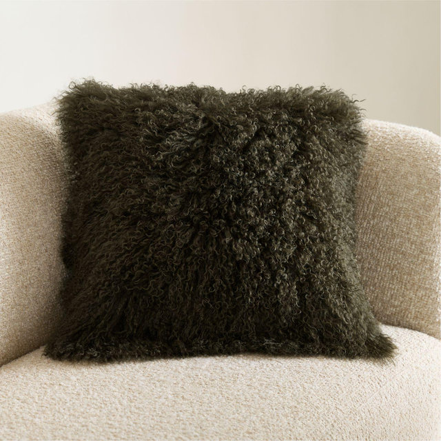 Mongolian Sheepskin 20"x20" Burnt Green Throw Pillow with Feather Insert