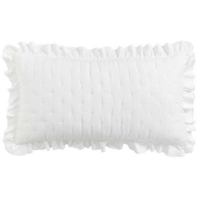 Belgian Flax Linen Ruffle Tufted Quilted Sham, White, King, Set of 2