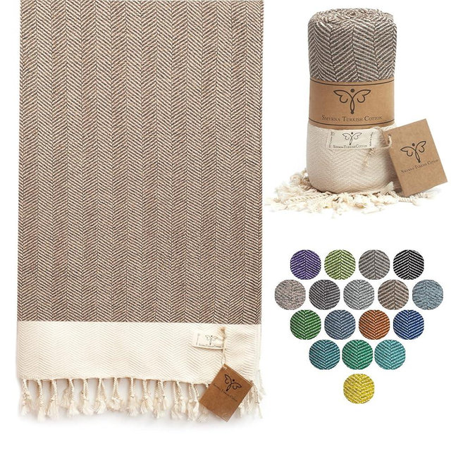 Smyrna Herringbone Series Original Turkish Beach Towel | 100% Cotton, Prewashed, 37 x 71 Inches | Peshtemal and Turkish Bath Towel for SPA, Beach, Pool, Gym and Bathroom (Latte)
