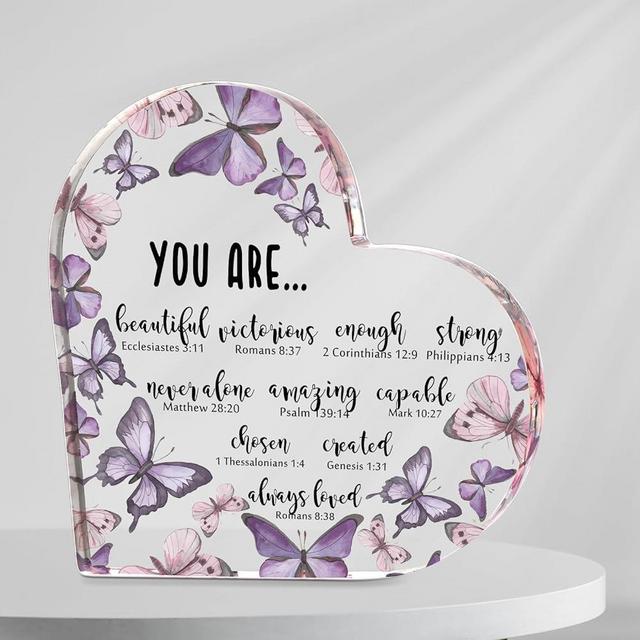 Lineshading Purple Butterfly Christian Desk Decor Christian Gifts for Women Inspirational Acrylic Heart Plaques Religious Bible Verse Gift for Teachers Nurses Friends Church Prayer Baptism Favors