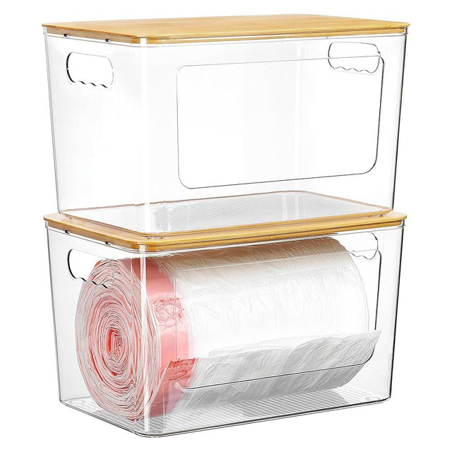 Vtopmart 2 Pack Trash Bag Holder with Bamboo Lid, Stackable Garbage Bag Dispenser for 13/30/33 Gallon Bags, Clear Organizer Bins for Under Kitchen Sink, Laundry Room Organization and Storage