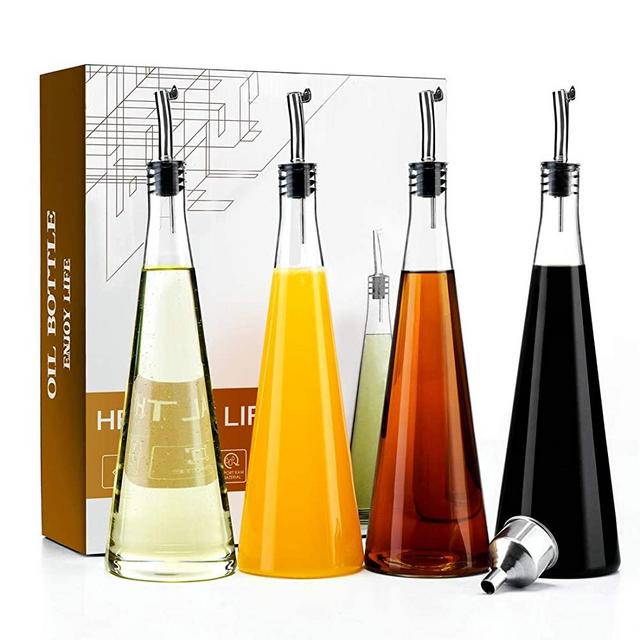 HAIBO Olive Oil and Vinegar Dispenser Set(4-pcs),18oz Cooking Oil Glass Bottles For Kitchen,Stainless Steel Pourer Spouts & Funnel, Cooking Oil Cruet