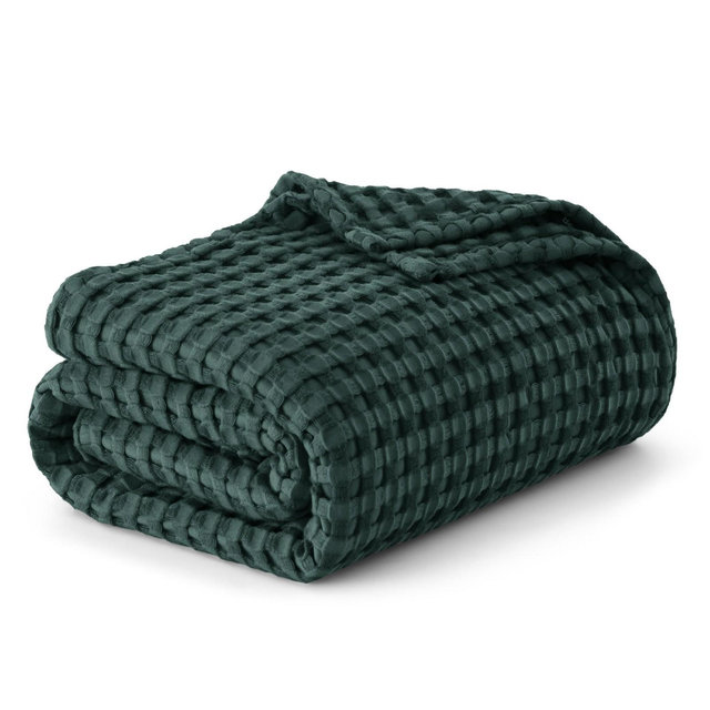 Bedsure Cooling Cotton Waffle King size Dark Green Blanket-Lightweight Breathable Blanket of Rayon Derived from Bamboo