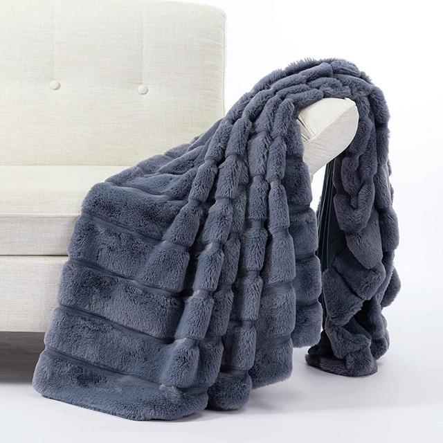 Cozy Bliss Luxury Super Soft Striped Faux Fur Throw Blanket for Couch, Size, 50"x60" Blue, Warm Milky Plush Blanket for Sofa Bed Living Room Bedroom (Stripe-Blue)