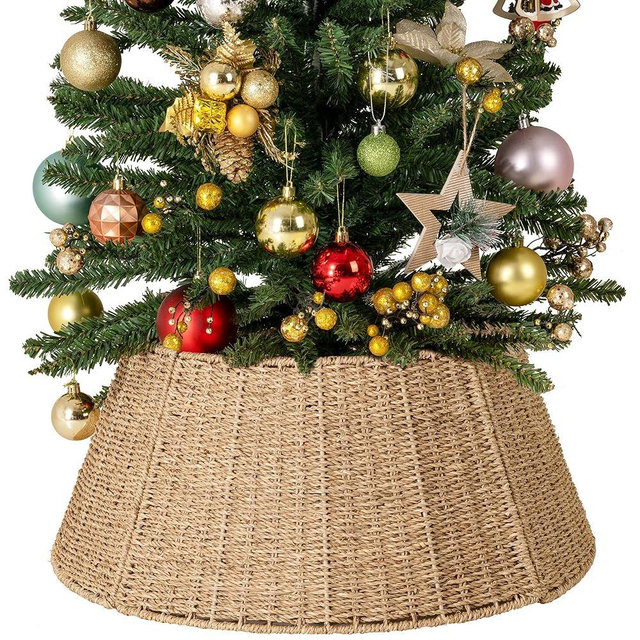 StorageWorks 22.5 Inch Christmas Tree Collar, 4-Piece Durable Christmas Tree Base Cover for Artificial Trees, Handcrafted Seagrass Christmas Tree Skirt for Christmas Decor, Medium