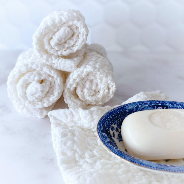 Waffle Weave Linen-Cotton Face Cloth/Fingertip Towels (Set of Four) | Spa | Onsen | Facial | Modern | Farmhouse | Coastal