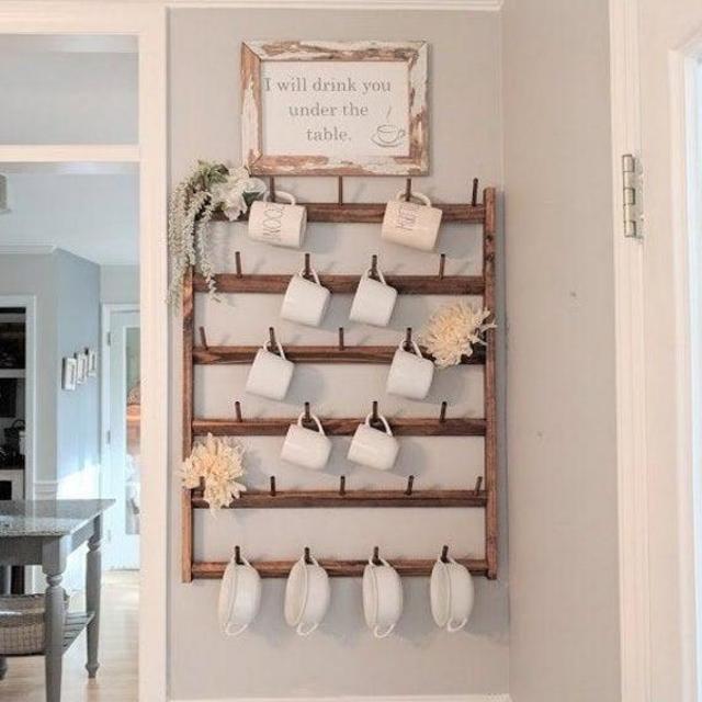 Wood Mug Rack Display, Custom Wall Racks, Rustic Home Decor, Farmhouse Decor, Kitchen Organizers, mug rack