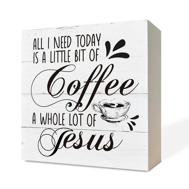 Razpah Coffee Wood Sign, All I Need Today is A Little Bit of Coffee & A Whole Lot of Jesus, Wooden Box Sign Desk Decor, 4.9x4.9x1.2 inches, Wood