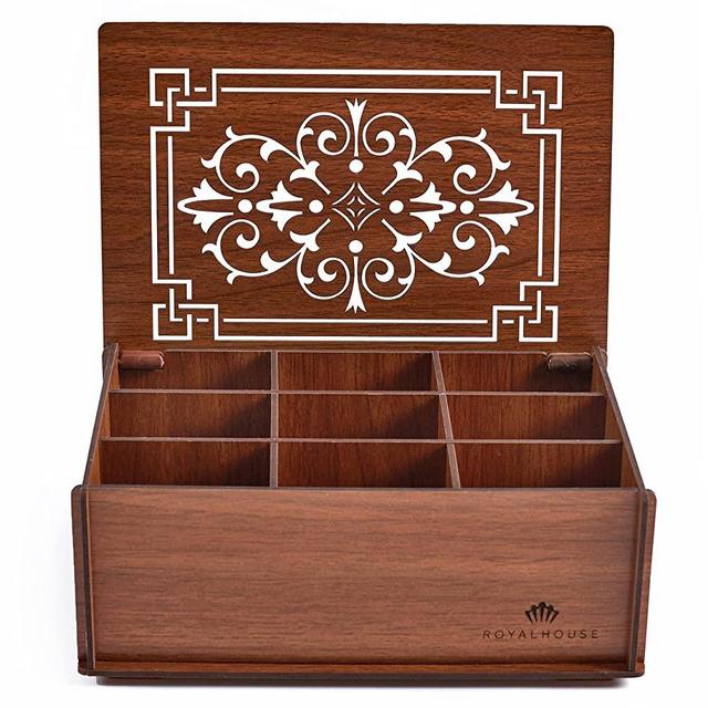 ROYALHOUSE Premium Wood (MDF) Tea Box Storage Organizer (Brown), 9 Compartments