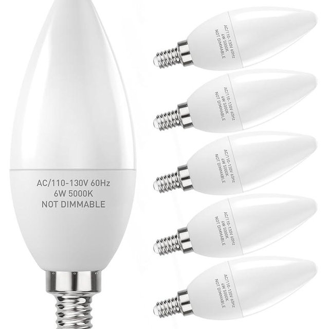 PARTPHONER E12 Base LED Light Bulbs B11 Candelabra Bulbs 60W Equivalent, Non-Dimmable 6W LED Bright Candle Small Base Chandelier Bulb 600 Lumen, 5000K Cold White for Ceiling Fan, Pack of 6
