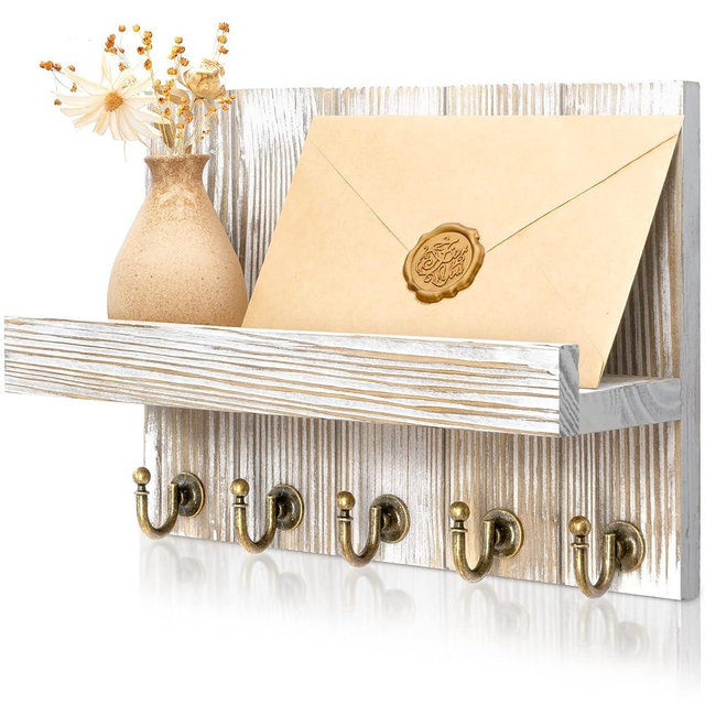 Rebee Vision Farmhouse Key Holder for Wall - Decorative Mail Organizer and Retro Key Hanger for Wall - 5 Sturdy Key Hooks with Small Floating Shelf for Rustic Apartment Essentials (Natural Wood)
