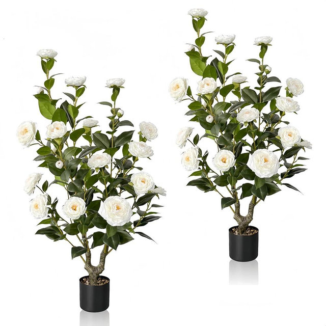 2pcs Artificial Camellia Tree 38 inch, Faux Plants Outdoor Artificial Flowers, White Tree with Planter Pot & 24 Flowers, for Home Indoor or Outdoor Decor