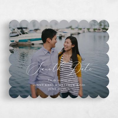 White Scalloped Wedding Save the Date - Niligan Photo