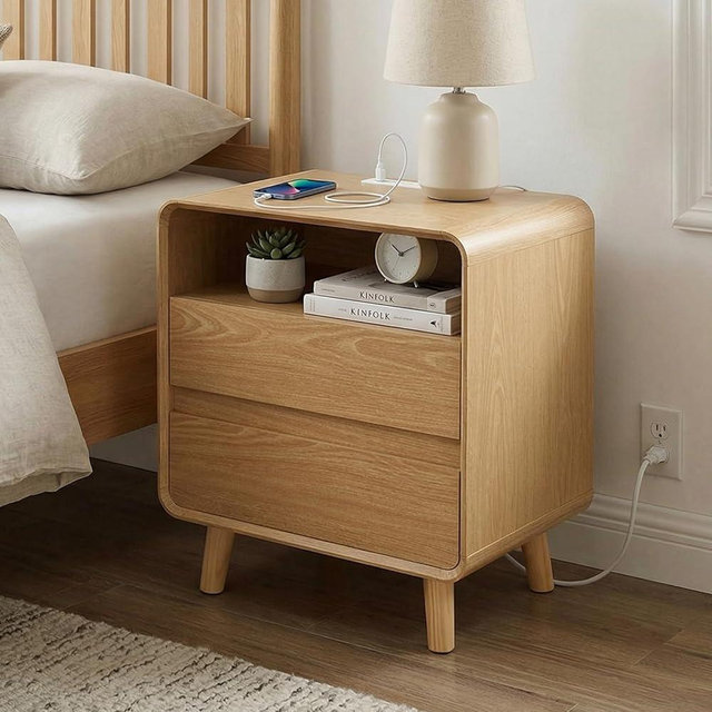 Nasonet Modern Nightstand with Charging Station, Wood End Tables Bedroom Nightstands with Drawers, Wide Curved Bedside Table for Kids Bedroom, Living Room, Oak
