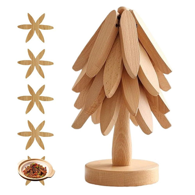 Wooden Trivets for Hot Dishes, Tree Shape Trivet Set, for Hot Dishes, Pot, Bowl, Teapot, 5 Wooden Trivets+1 Stand, Like a Christmas Tree, Natural Foldable Kitchen Wooden Trivet (Wood Color)
