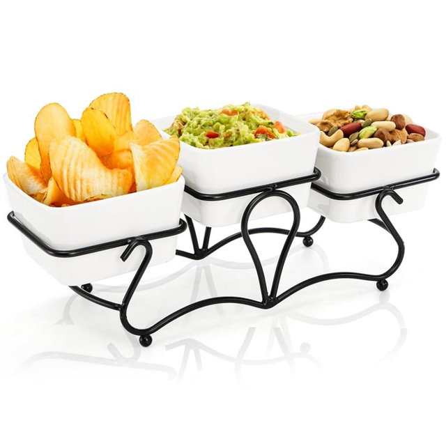 Eorbow 3 Pieces Square Bowl Chip & Dip Serving Set, 7 OZ Ceramic Condiment Server with Metal Stand, Serving Dish Tray for Party Entertaining, Small Snack Platters for Side Dish Appetizer Nuts