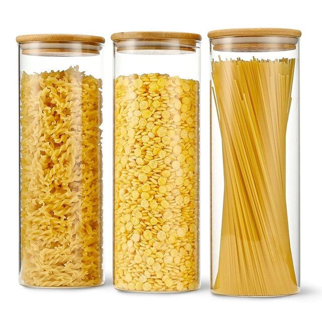 D2scrma 70oz Straight cylindrical Airtight Storage Jars with Bamboo Lid Set of 3 Storage Container Glass Jars, Kitchen Canister for Noodles, Pasta and Coffee beans (‎with Black Lable)