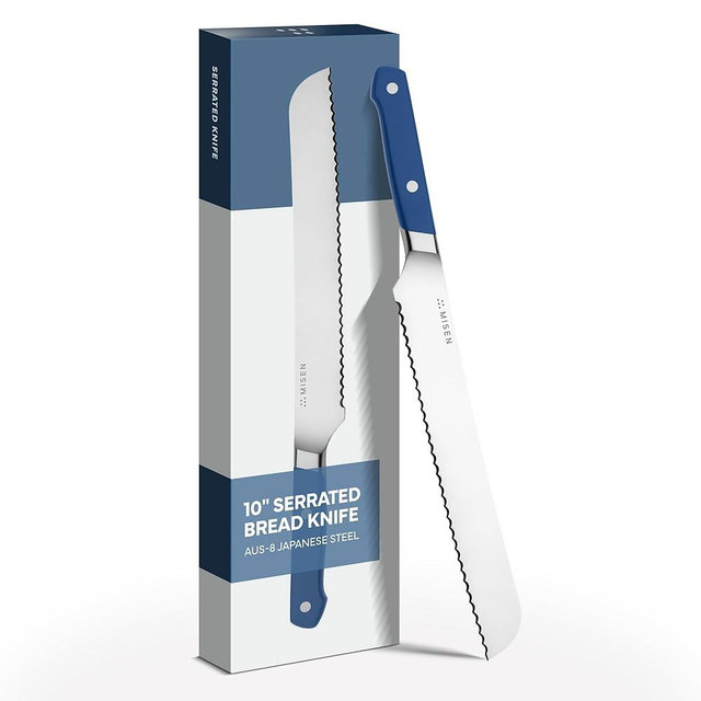 Misen Serrated Bread Knife - High-Carbon Japanese AUS8 Steel - Perfect for Soft Foods, Bread, Pastries, and Fruits - Verstatile Slicer, Razor-Sharp Edge, Durable Blade, Ergonomic Handle - 10", Blue