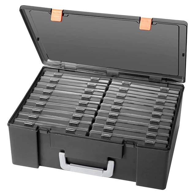 Photo Storage Box 4" x 6", 18 Inner Extra Large Photo Case Large Photo Organizer Acid-Free Photo Box Storage Photo Keeper Photo Storage Case, Plastic Craft Storage Box for Photo Stickers Stamps Seeds (Black)