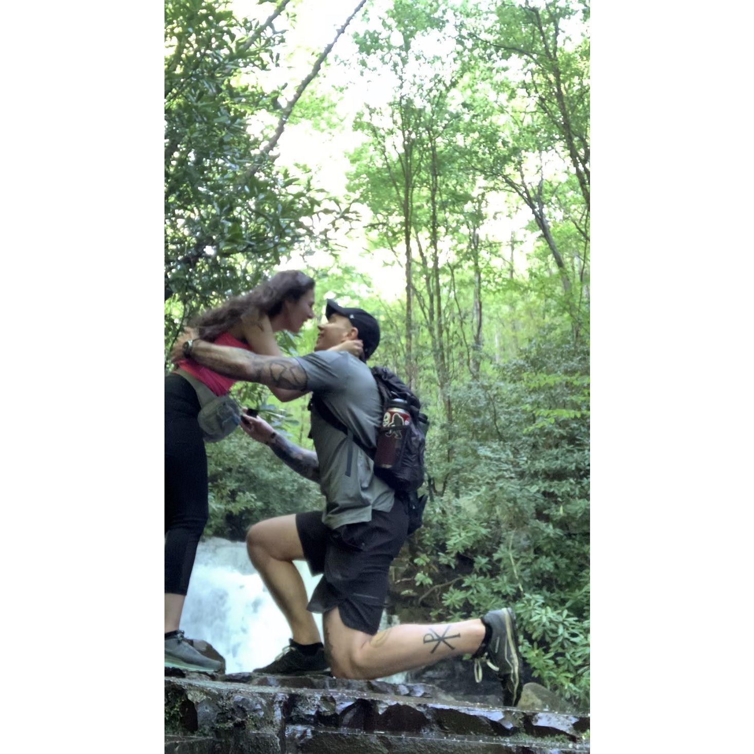 Because of our proximity to the creek, Tim was too nervous to actually put the ring (which needed resizing) on my finger