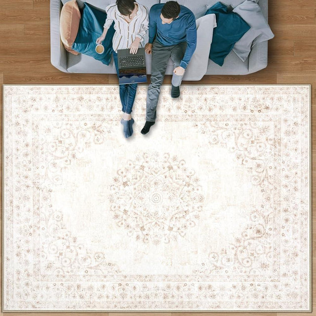 Area Rug 8x10 Vintage Rug: Large Washable Indoor Medallion Rugs Low Pile Distressed Floor Carpet Retro Accent Rug for Living Room Bedroom Kitchen Dining Table Home Office(Distressed Beige, 8'x10')