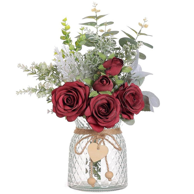 Faux Flowers with Vase,Artificial Silk Roses in Vase, Fake Plant Eucalyptus Flower Arrangement for Home Office Farmhouse Bathroom Dining Table Centerpiece Decorations Coffee Table Decor (Burgundy)