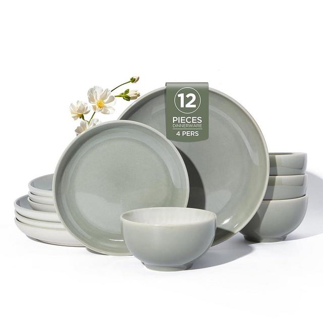 Pokini Stoneware Dinnerware Sets, Ceramic Plates and Bowls Set, Microwave & Dishwasher Safe Kitchen Dish Set, Modern Dinner Salad Plates | Cereal Bowls for 4, Dishware Sets Gray Green