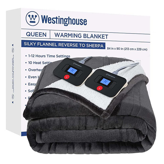 Westinghouse Electric Blanket Heated Blanket | 10 Heating Levels & 1 to 12 Hours Heating Time Settings | Flannel to Sherpa Reversible 84x90 Queen Size | Machine Washable, Charcoal