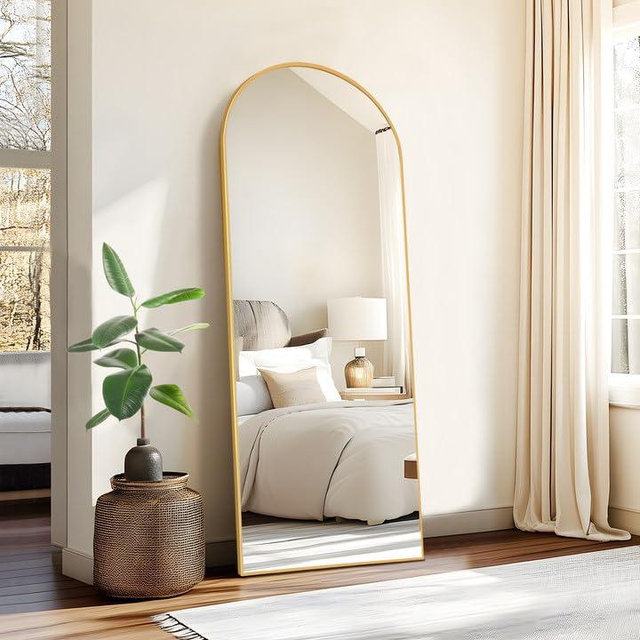 Grungis 57"x19" Arched Full Length Mirror with Stand, Gold Mirror Full Length Aluminum Alloy Thin Frame Full Body Mirror, Free Standing, Hang or Lean Against Wall