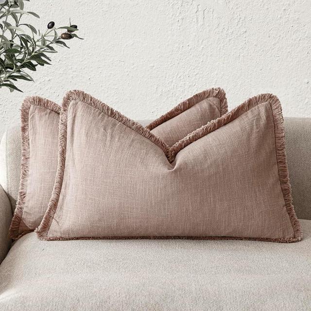 Foindtower Set of 2 Decorative Linen Fringe Lumbar Throw Pillow Covers Farmhouse Cushion Cover with Tassels Soft Accent Pillowcase for Couch Sofa Bed Living Room Home Decor,12×20 Inch,Dusty Pink